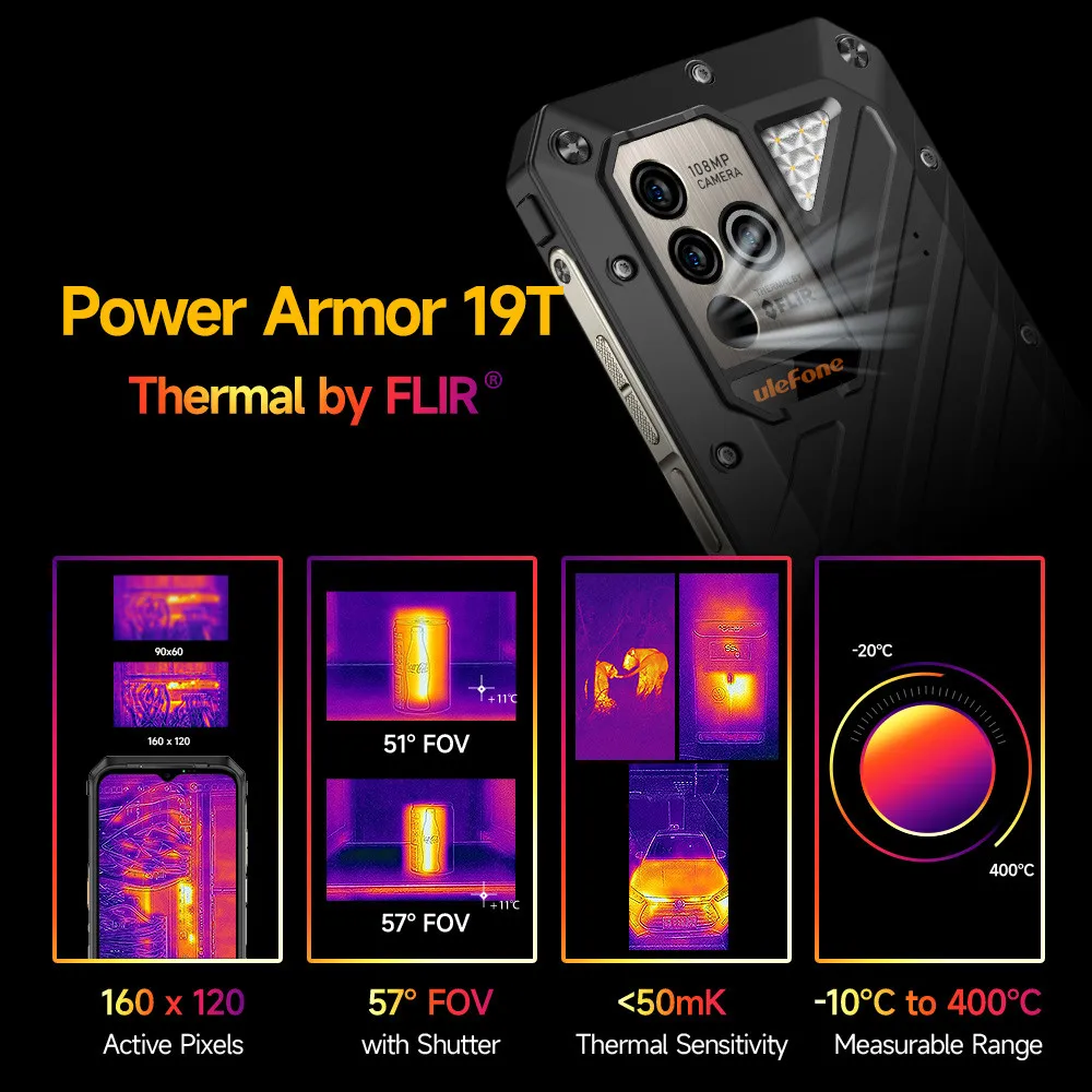 Ulefone Power Armor 19T Термични камера FLIR® Здрав Телефон 17 GB ram + 256 GB ROM Хелио G99 Смартфон 66 W Мобилен телефон