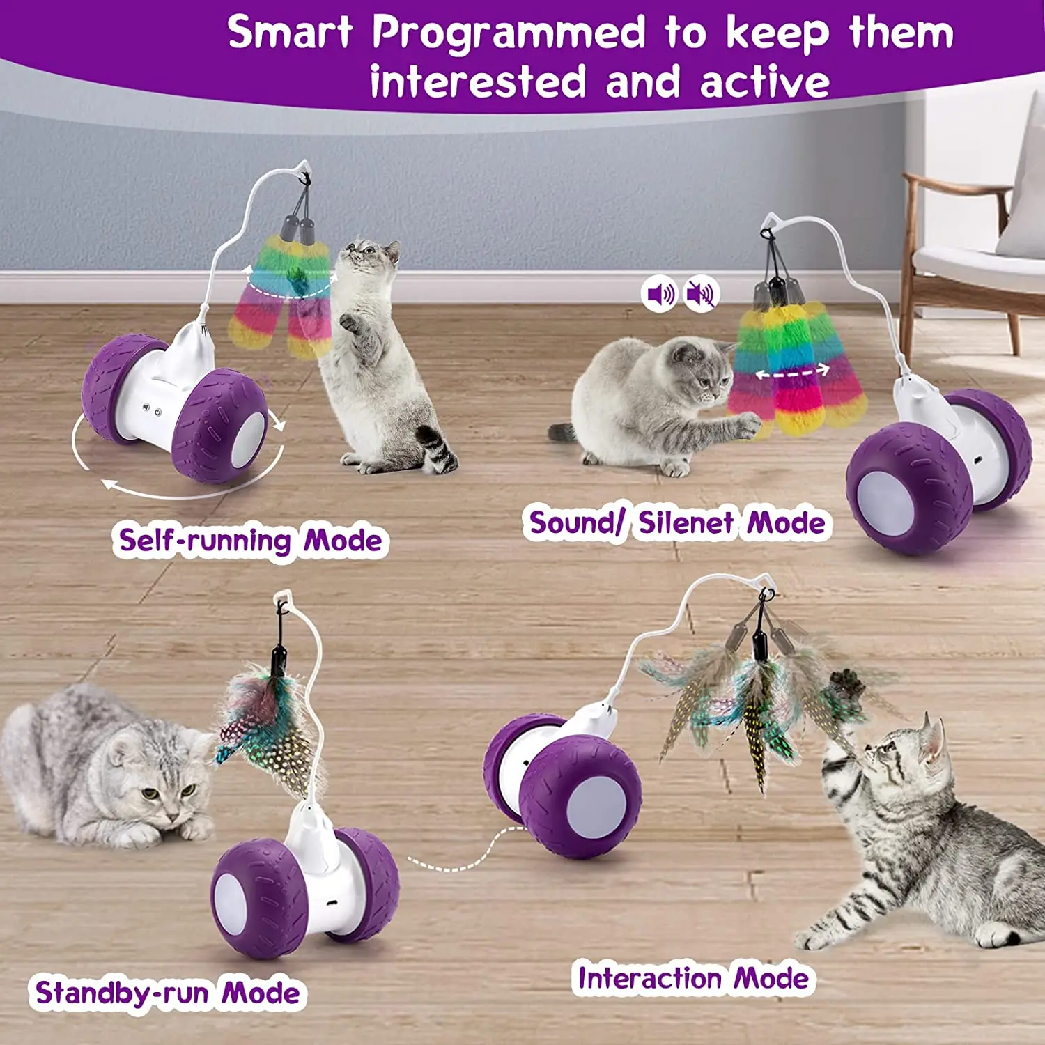 AMOBOX Automatic Cat Toys Interactive за Домашни Котки, Електрическа Роботизирана Играчка за Коте за Котки Упражнения В Преследване на Лов, Умна Играчка за домашни любимци