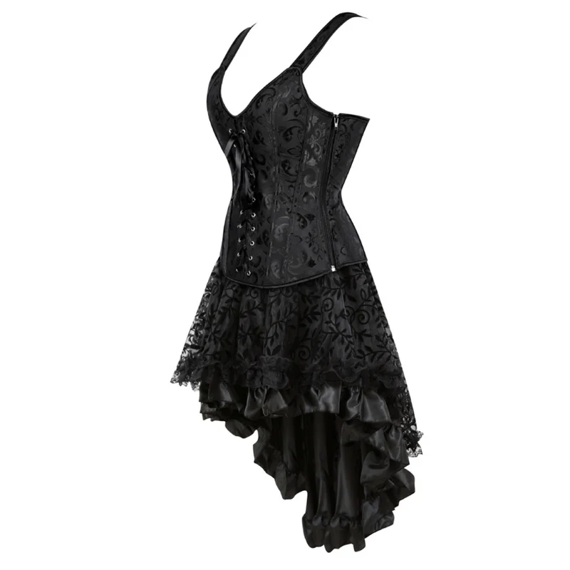Комплект черно корсетного рокли в стил steampunk, женски бретельки, жакард Бюстиета, поли, бурлеска, готически дрехи, дрехи Големи размери 6XL