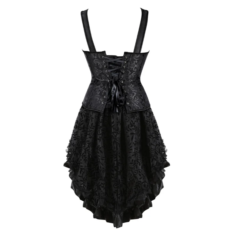 Комплект черно корсетного рокли в стил steampunk, женски бретельки, жакард Бюстиета, поли, бурлеска, готически дрехи, дрехи Големи размери 6XL