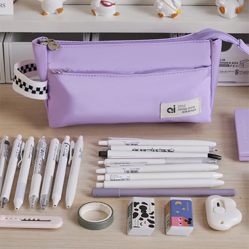 Молив случай Simplicity Корейската Мода Однотонная серия, чанта за моливи, 3-Слойная Чанта за съхранение на офис консумативи с голям капацитет, Студентски аксесоари