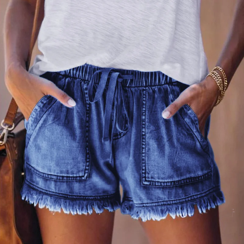 Лято 2023, Нови еластични шорти дантела прозорци За Почивка, Тънки дънкови къси панталони с висока талия, женски